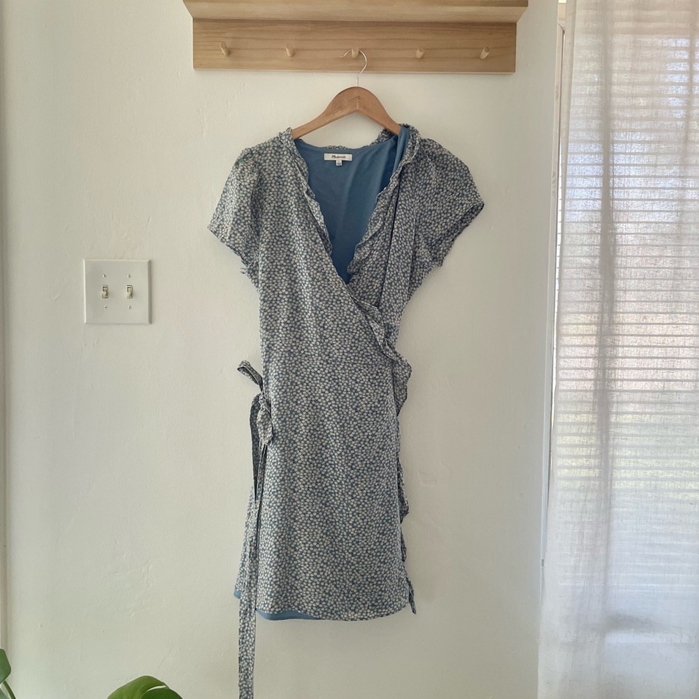 Madewell blue floral silk wrap dress